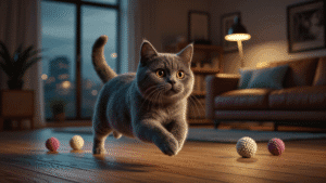 Gri kedi evde oyuncaklarla oynamakta, kedilerin sevimli ve canlı görüntüsü, kedipedia için SEO uyumlu kaliteli katmanlı içerik.