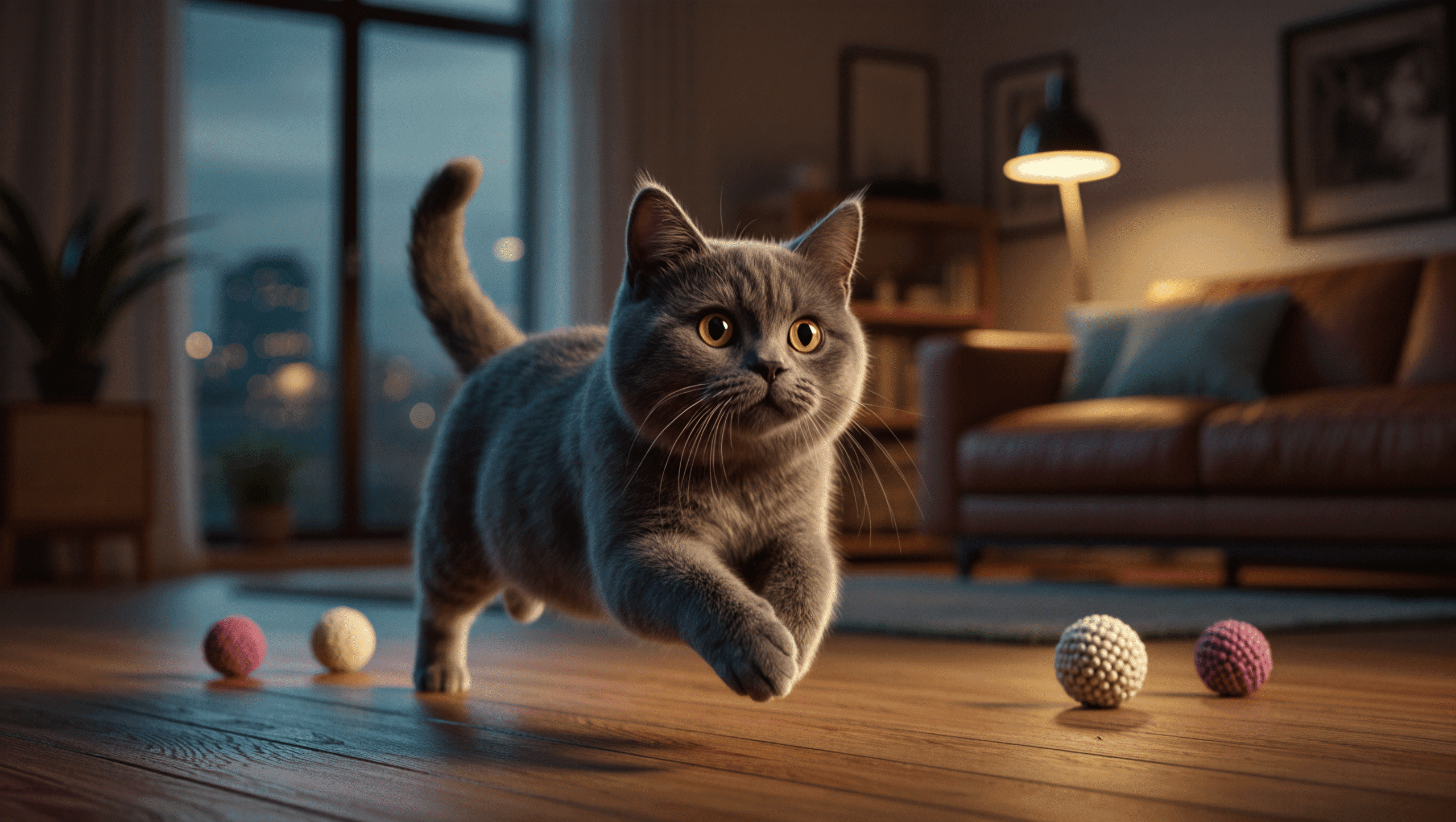 Gri kedi evde oyuncaklarla oynamakta, kedilerin sevimli ve canlı görüntüsü, kedipedia için SEO uyumlu kaliteli katmanlı içerik.